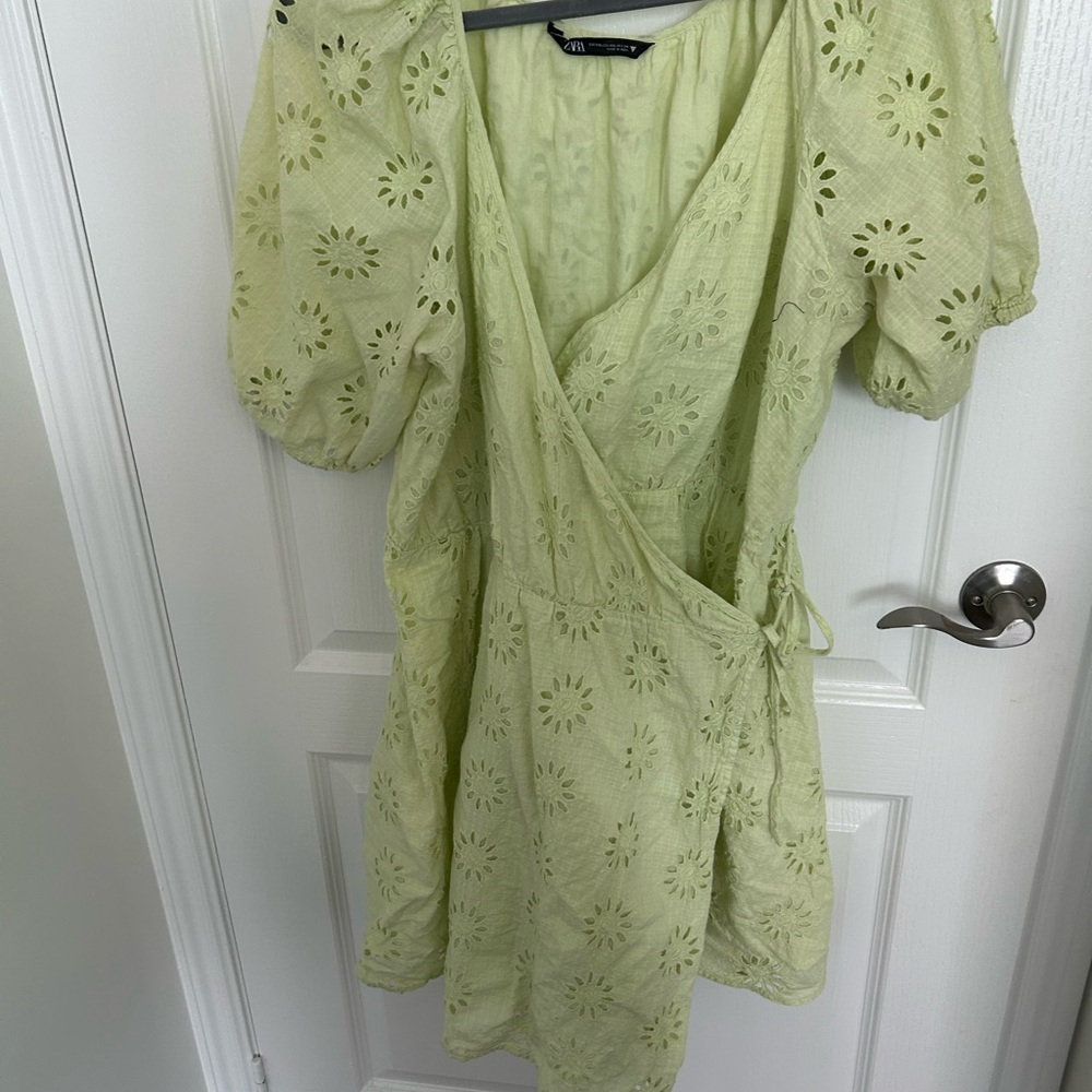 Zara Light Green Eyelet Wrap Mini Dress